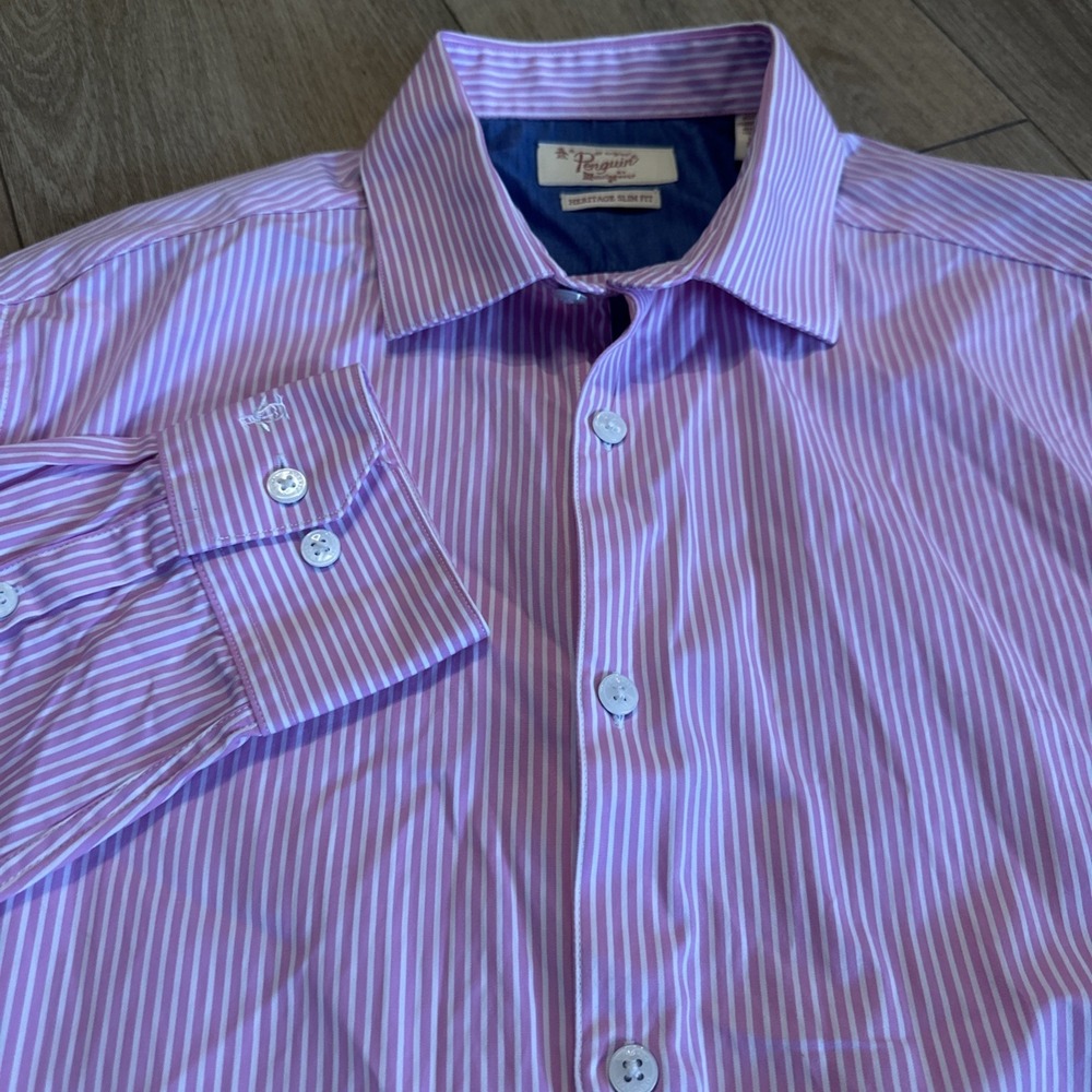 Penguin An Original Men's Heritage Slim‎ Fit LS Button Shirt Pink Stripe 15.5